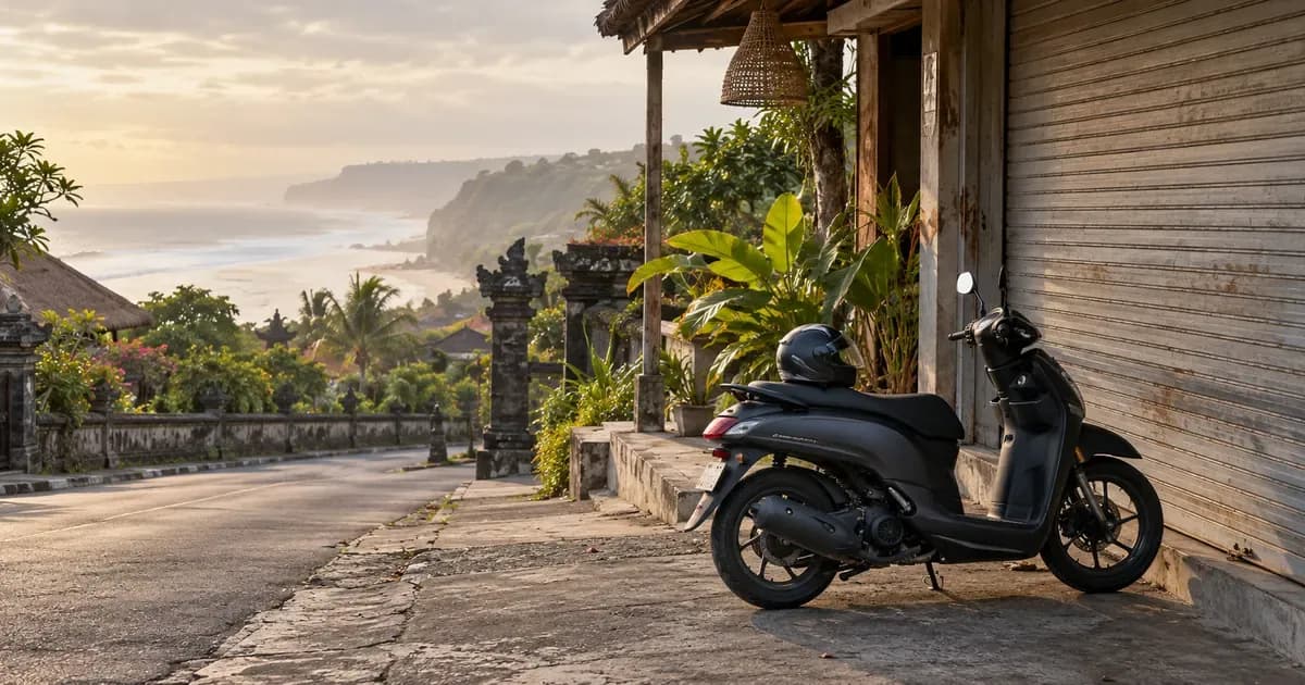 Wide view of a motorbike helmet left on the seat of a scooter outside a shuttered shopfront in Bali, warm haze softening the far distance, under a soft overcast sky.