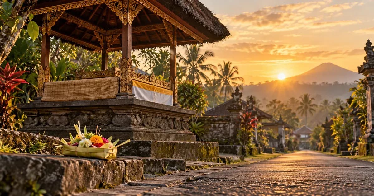 Low-angle view of an empty roadside bale pavilion at the edge of a quiet Bali village lane, a woven palm-leaf offering resting nearby, in warm golden-hour light.