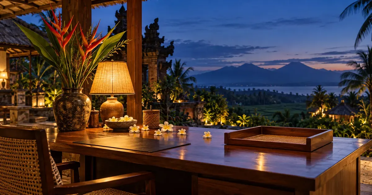 A tidy desk with an empty document tray beside a vase of heliconia in Bali, fallen plumeria petals scattered across the surface, at blue hour after sunset.