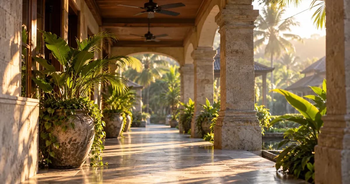 Close detail of a shaded arcade walkway with ceiling fans turning above planters in Bali, warm haze softening the far distance, in low late-afternoon sun.