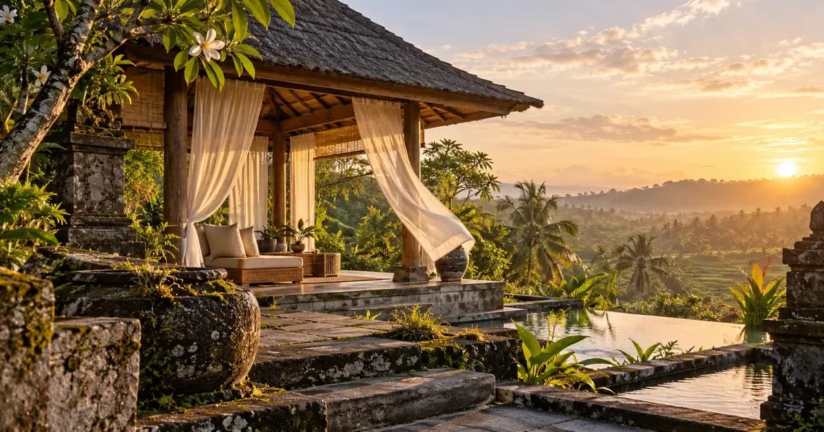 Wide view of a garden pavilion with linen curtains lifting in the breeze in Bali, weathered volcanic stone and moss in the foreground, in warm golden-hour light.
