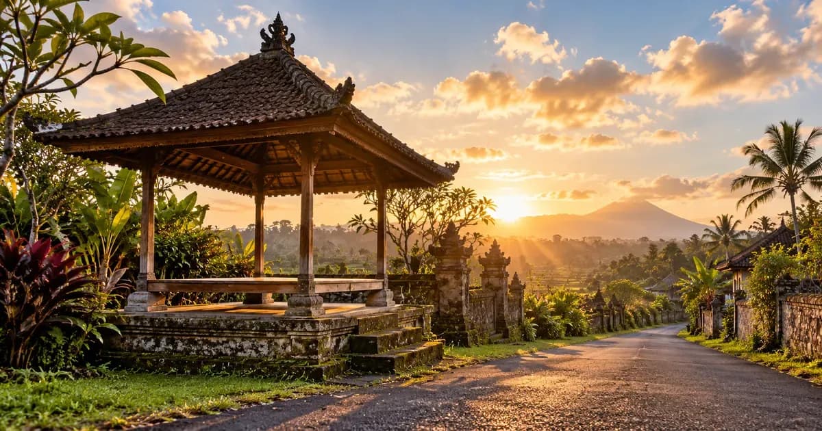 Low-angle view of an empty roadside bale pavilion at the edge of a quiet Bali village lane, scattered cumulus cloud overhead, in warm golden-hour light.