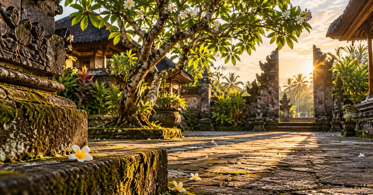 Low-angle view of a shaded courtyard of volcanic stone paving with a frangipani tree in Bali, weathered volcanic stone and moss in the foreground, in low late-afternoon sun.