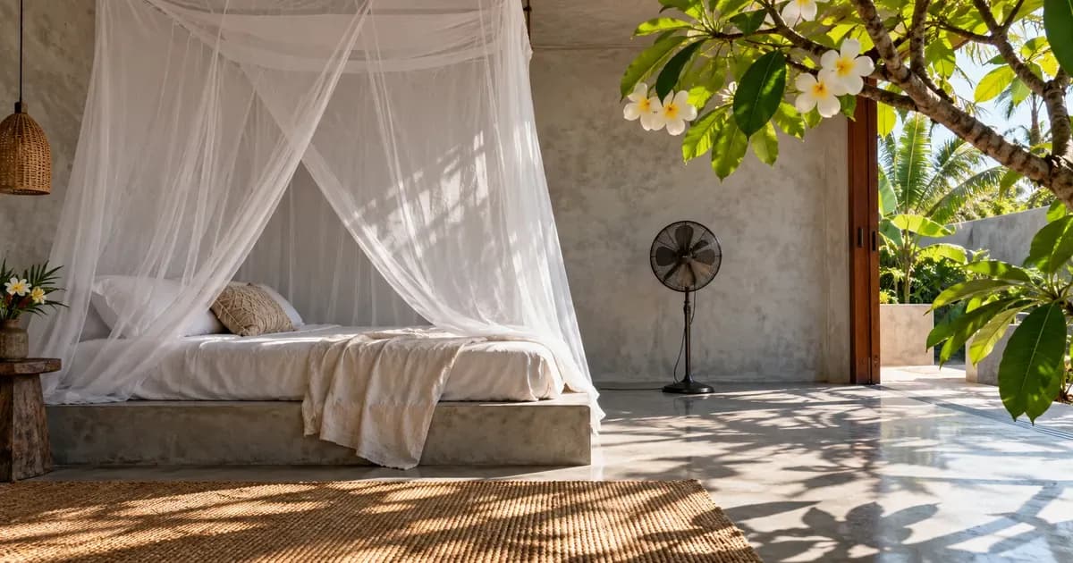 Close detail of a plain concrete studio room with a mosquito net and a single fan in Bali, overhanging frangipani branches framing one edge, in bright midday light.