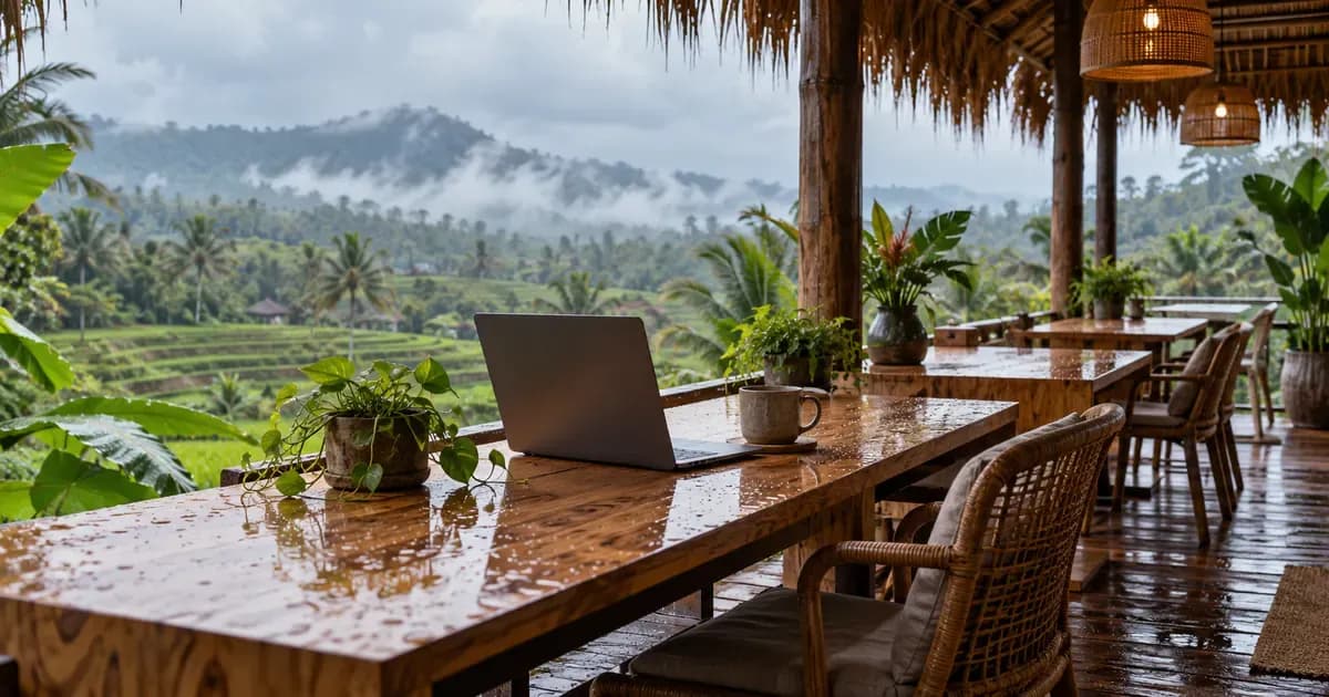 Close detail of an open-air coworking deck with plywood desks under a thatched roof in Bali, surfaces still wet from a brief tropical rain shower, under a soft overcast sky.