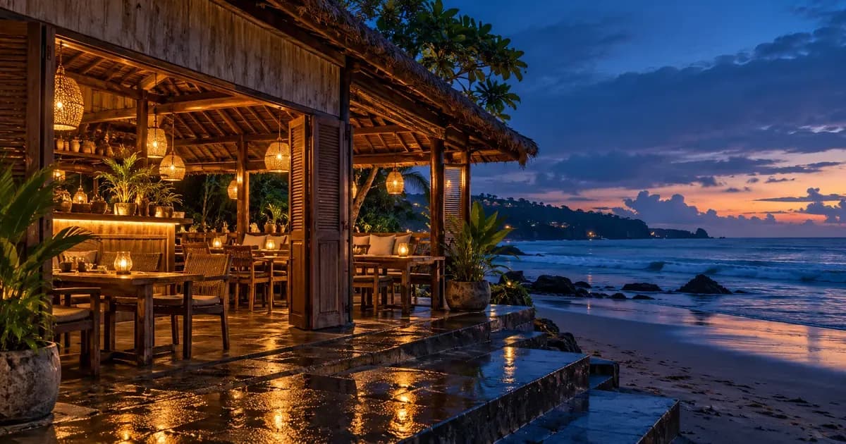 Wide view of a quiet beachfront warung with timber shutters folded open to the sea in Bali, surfaces still wet from a brief tropical rain shower, at blue hour after sunset.