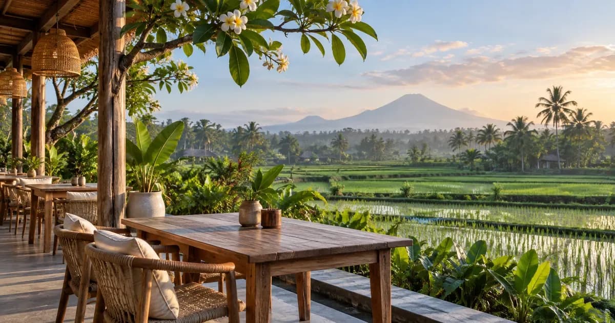 A Canggu cafe terrace of reclaimed teak tables opening onto a rice field in Bali, overhanging frangipani branches framing one edge, in soft first light after dawn.