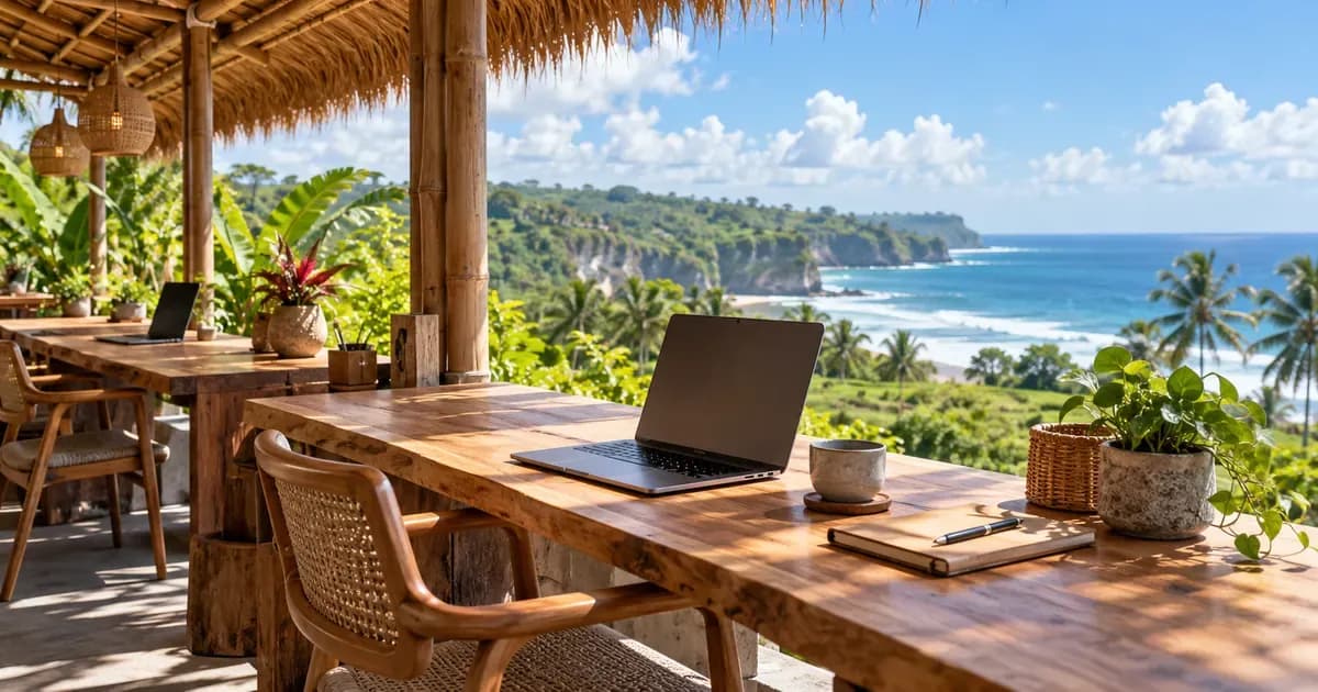 Close detail of an open-air coworking deck with plywood desks under a thatched roof in Bali, scattered cumulus cloud overhead, in bright midday light.