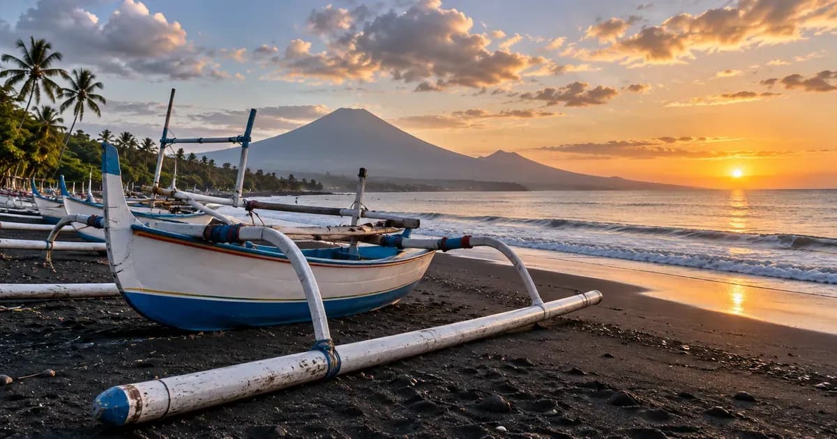 Close detail of a black-sand beach with a line of outriggers drawn up above the tideline in Bali, scattered cumulus cloud overhead, in soft first light after dawn.