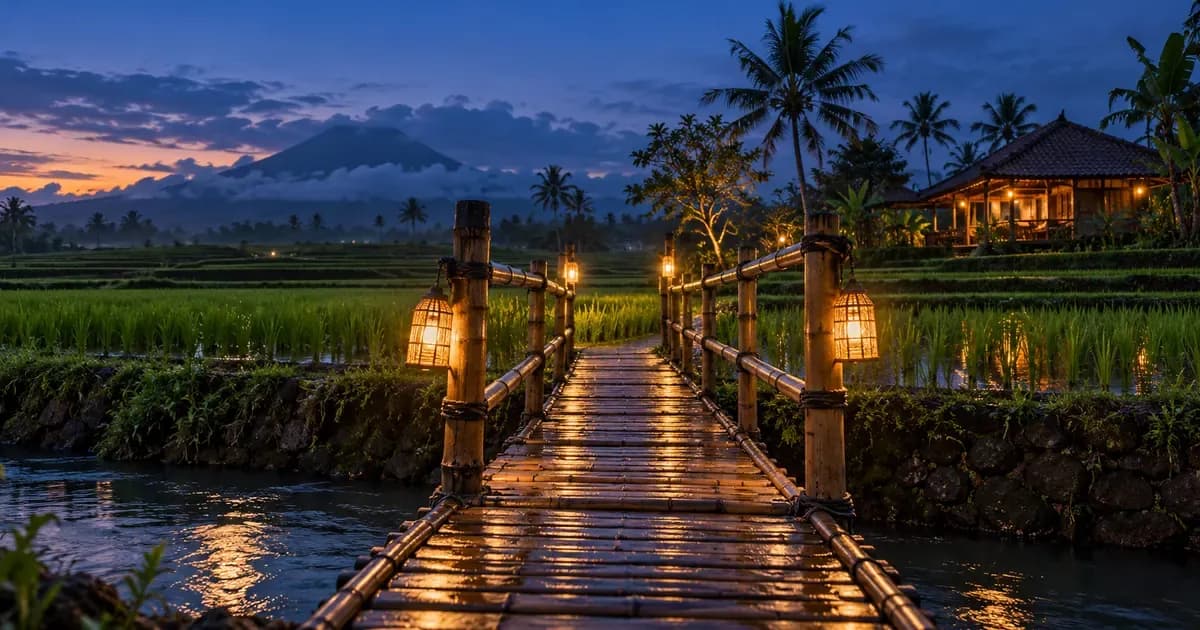 Low-angle view of a bamboo footbridge crossing an irrigation channel between paddies in Bali, surfaces still wet from a brief tropical rain shower, at blue hour after sunset.