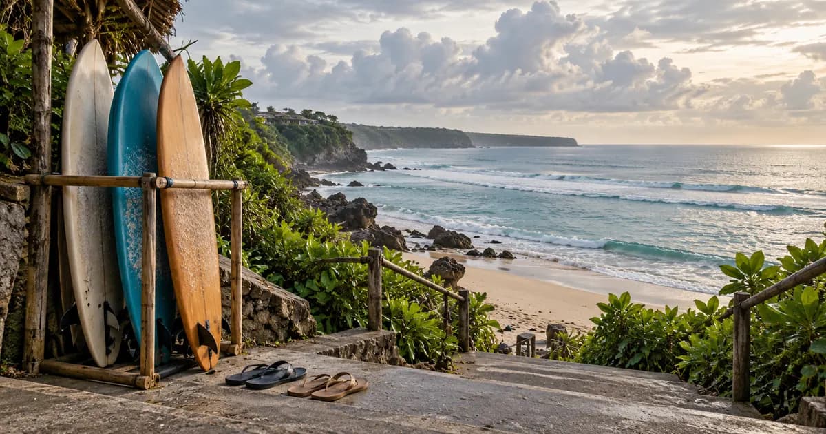Wide view of a surfboard rack and flip-flops on the steps of a beach-access path in Bali, scattered cumulus cloud overhead, under a soft overcast sky.