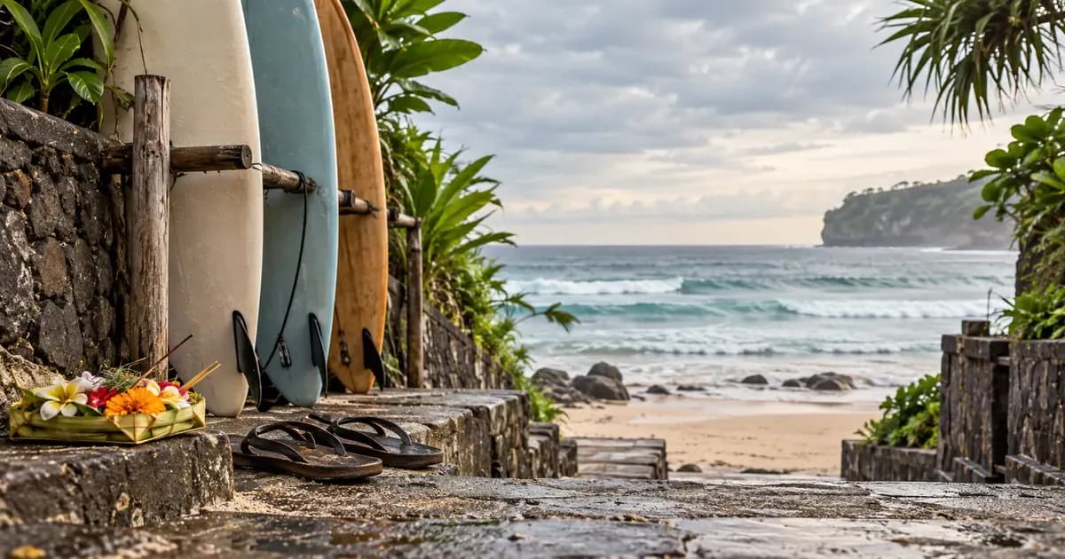 Low-angle view of a surfboard rack and flip-flops on the steps of a beach-access path in Bali, a woven palm-leaf offering resting nearby, under a soft overcast sky.