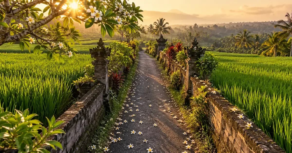 Overhead view of a motorbike-width lane running between two walls of green rice in Bali, fallen plumeria petals scattered across the surface, in warm golden-hour light.
