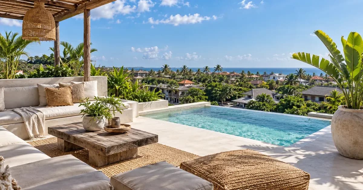 Wide view of a rooftop terrace of smooth render overlooking a low Canggu skyline in Bali, a light sea breeze moving the foliage, in bright midday light.