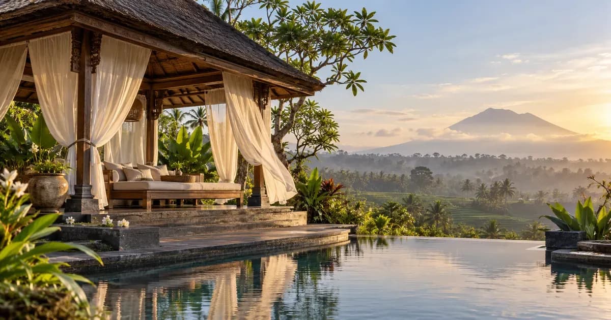 Low-angle view of a garden pavilion with linen curtains lifting in the breeze in Bali, warm haze softening the far distance, in soft first light after dawn.
