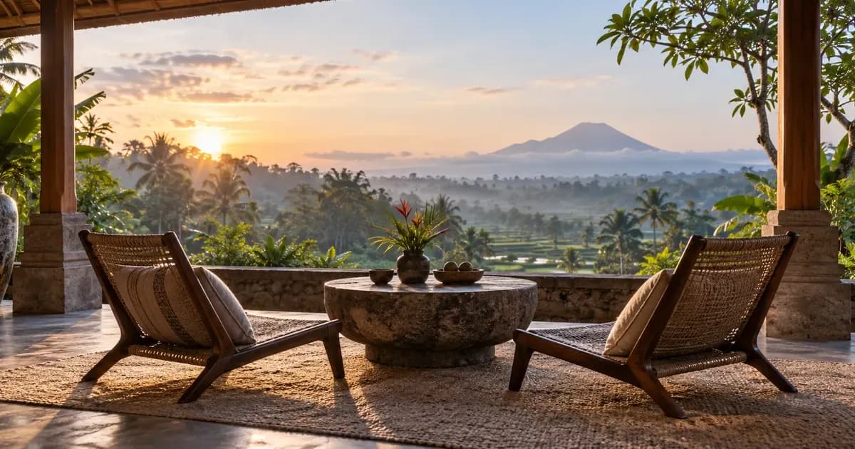 Low-angle view of a shaded veranda with two low chairs drawn up to a stone table in Bali, warm haze softening the far distance, in soft first light after dawn.