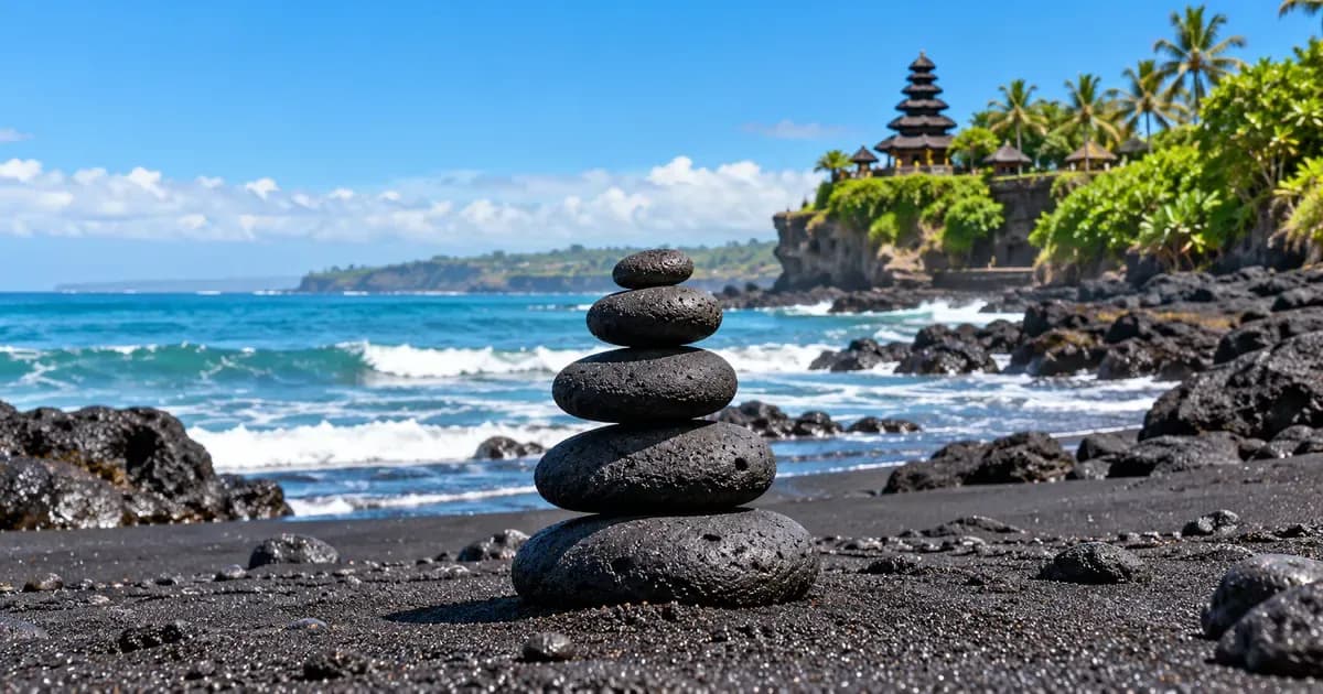 Wide view of a balanced stack of smooth river stones on black volcanic sand in Bali, a light sea breeze moving the foliage, in bright midday light.