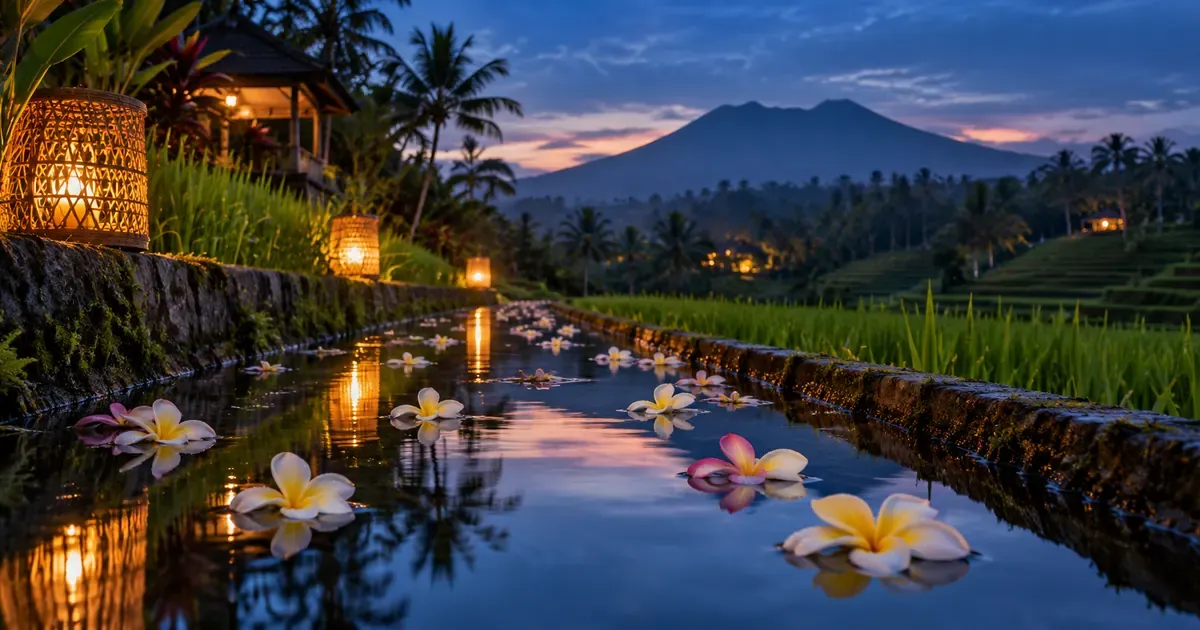 Close detail of a perfectly level water channel running between two rice terraces in Bali, fallen plumeria petals scattered across the surface, at blue hour after sunset.