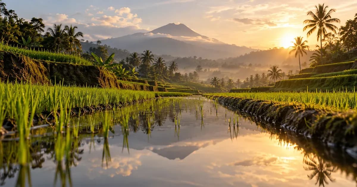 Low-angle view of a perfectly level water channel running between two rice terraces in Bali, warm haze softening the far distance, in low late-afternoon sun.
