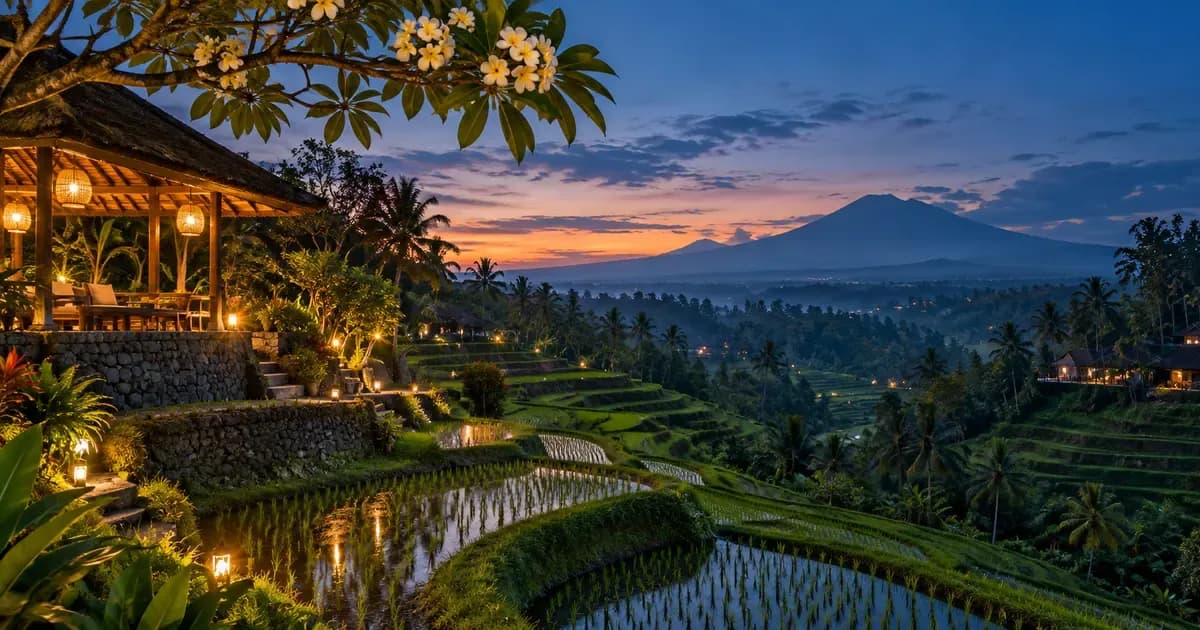 Wide view of a rice terrace stepping down a green valley in Bali, overhanging frangipani branches framing one edge, at blue hour after sunset.