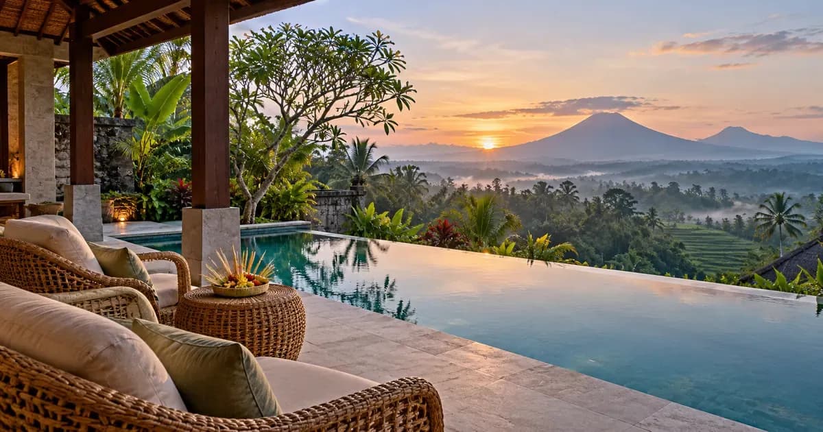 A villa terrace with low rattan chairs looking out over a lap pool in Bali, a woven palm-leaf offering resting nearby, in soft first light after dawn.