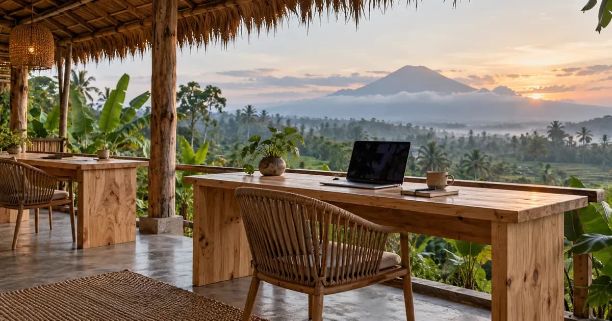 Low-angle view of an open-air coworking deck with plywood desks under a thatched roof in Bali, a light sea breeze moving the foliage, in soft first light after dawn.