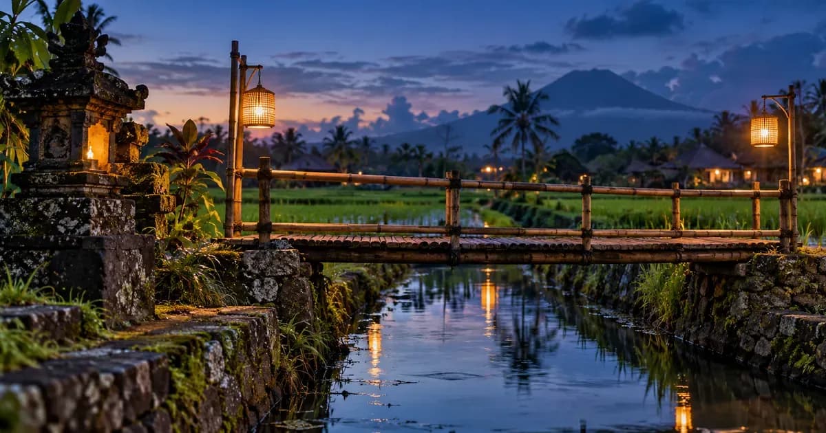 Close detail of a bamboo footbridge crossing an irrigation channel between paddies in Bali, weathered volcanic stone and moss in the foreground, at blue hour after sunset.