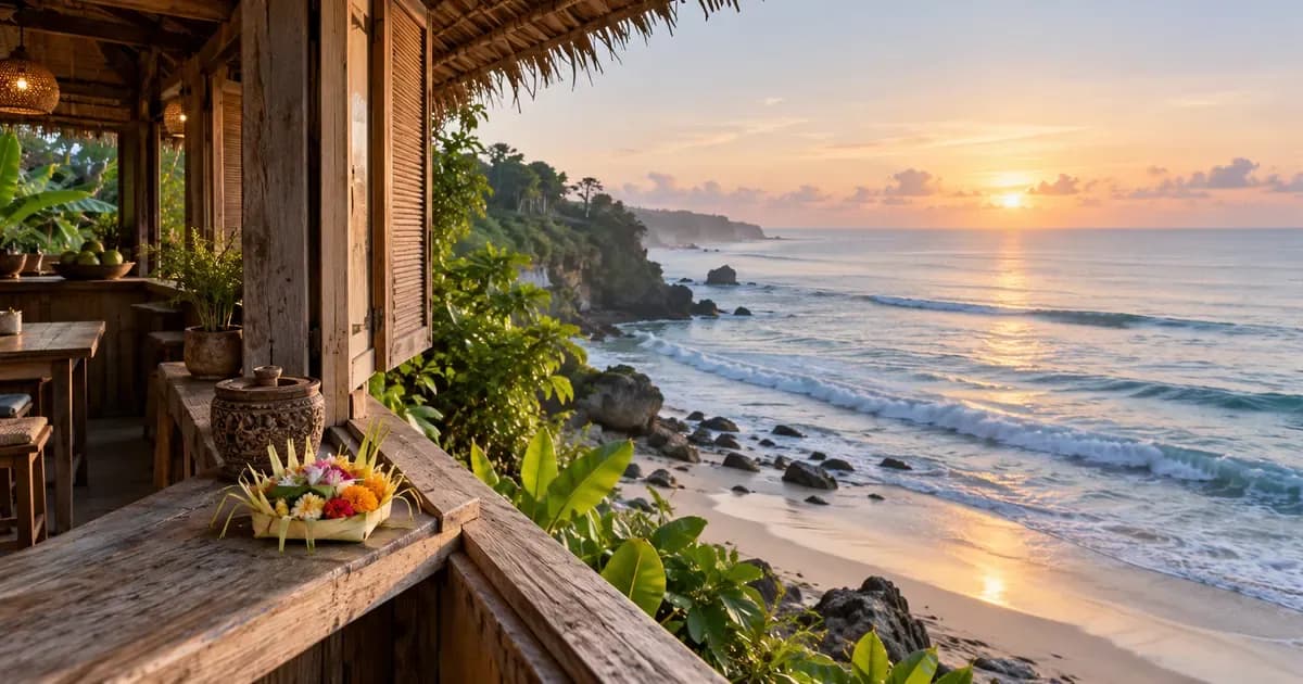 Overhead view of a quiet beachfront warung with timber shutters folded open to the sea in Bali, a woven palm-leaf offering resting nearby, in soft first light after dawn.