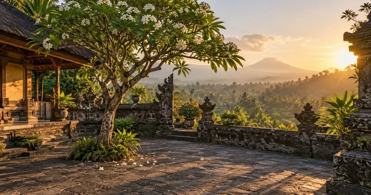Wide view of a shaded courtyard of volcanic stone paving with a single frangipani tree in Bali, warm haze softening the far distance, in low late-afternoon sun.