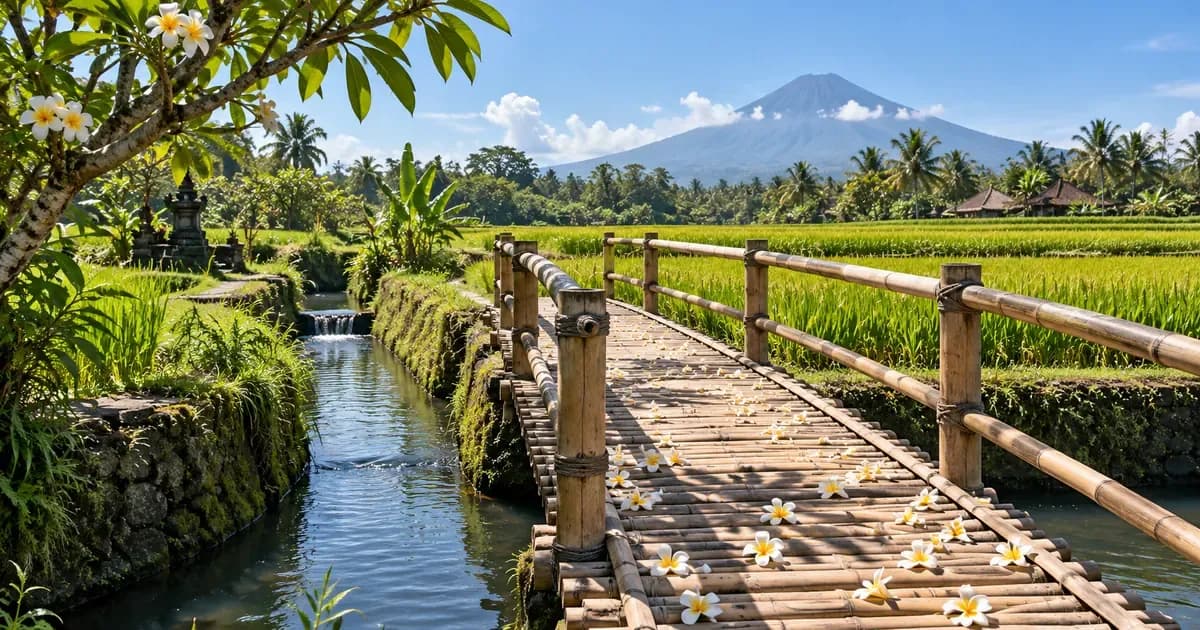 A bamboo footbridge crossing an irrigation channel between paddies in Bali, fallen plumeria petals scattered across the surface, in bright midday light.