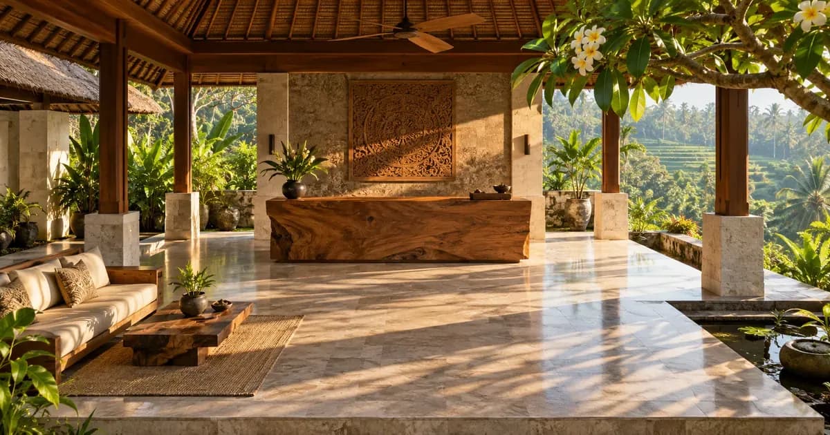 Overhead view of an empty open-air villa lobby with a reception desk of raw teak and a still ceiling fan in Bali, overhanging frangipani branches framing one edge, in low late-afternoon sun.