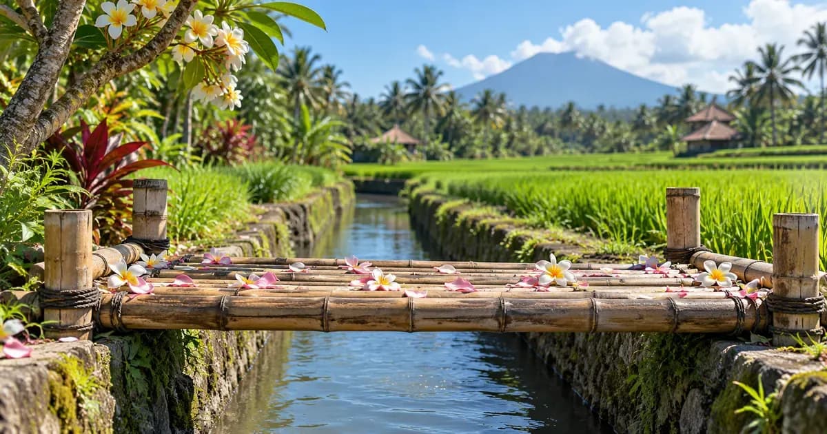 Close detail of a bamboo footbridge crossing an irrigation channel between paddies in Bali, fallen plumeria petals scattered across the surface, in bright midday light.