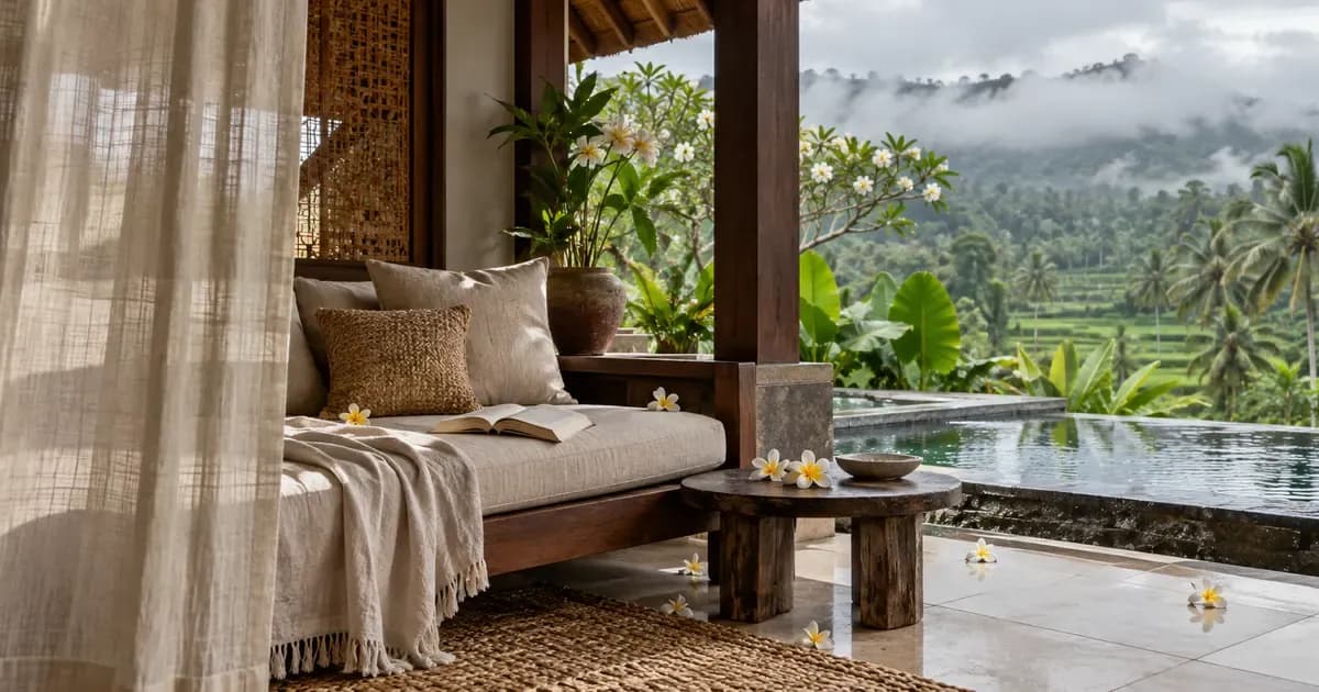 Wide view of a quiet reading nook behind a half-drawn linen curtain in a Bali villa, fallen plumeria petals scattered across the surface, under a soft overcast sky.