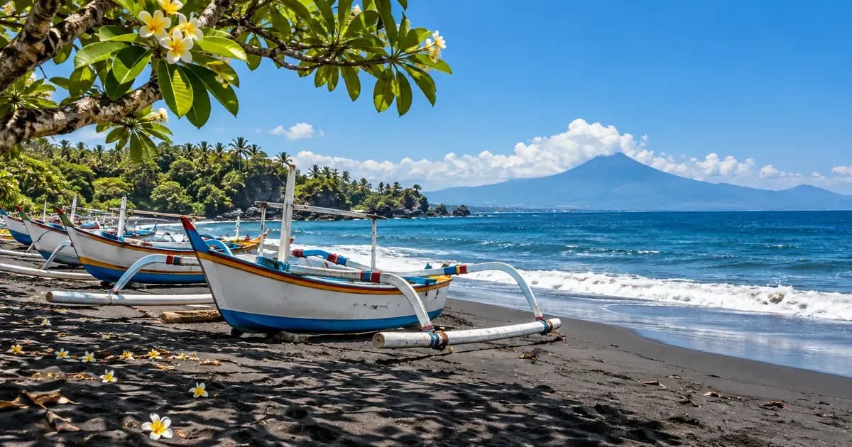 Low-angle view of a black-sand beach with a line of outriggers drawn up above the tideline in Bali, overhanging frangipani branches framing one edge, in bright midday light.