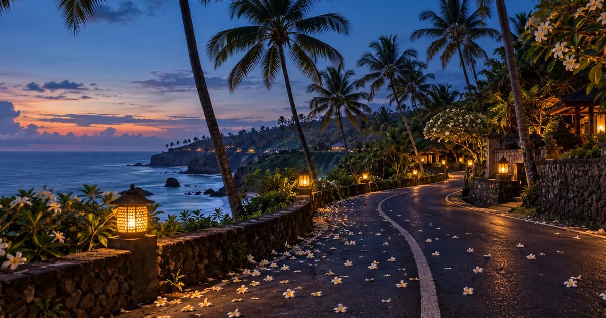 A coastal road curving between coconut palms in Bali, fallen plumeria petals scattered across the surface, at blue hour after sunset.