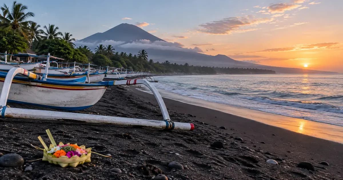A black-sand beach with a line of outriggers drawn up above the tideline in Bali, a woven palm-leaf offering resting nearby, in soft first light after dawn.